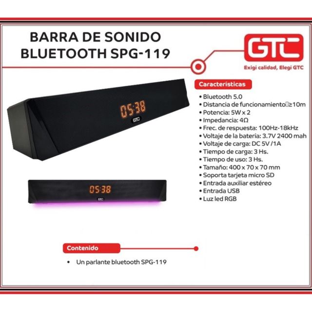 Parlante Gtc Portatil Bluetooth Mini Barra Sonido Con Display Hora 5W x2  Luz Led Rgb Spg-119