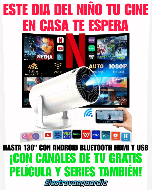 Proyector HY 300 con Android 13.1 / Netflix – Magis TV – YouTube – Disney+ – Radio – Clima – Diario - Musica