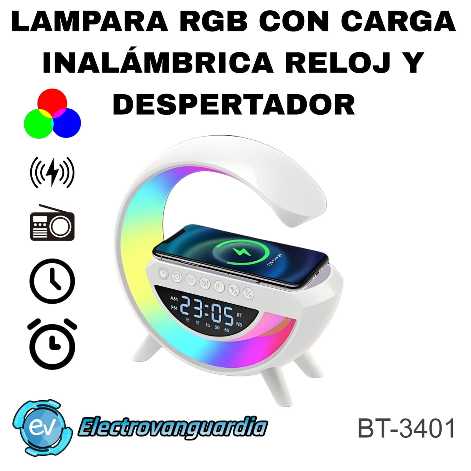 Parlante Cargador Bluetooth Rgb Radio Portatil Reloj Alarma Color Blanco