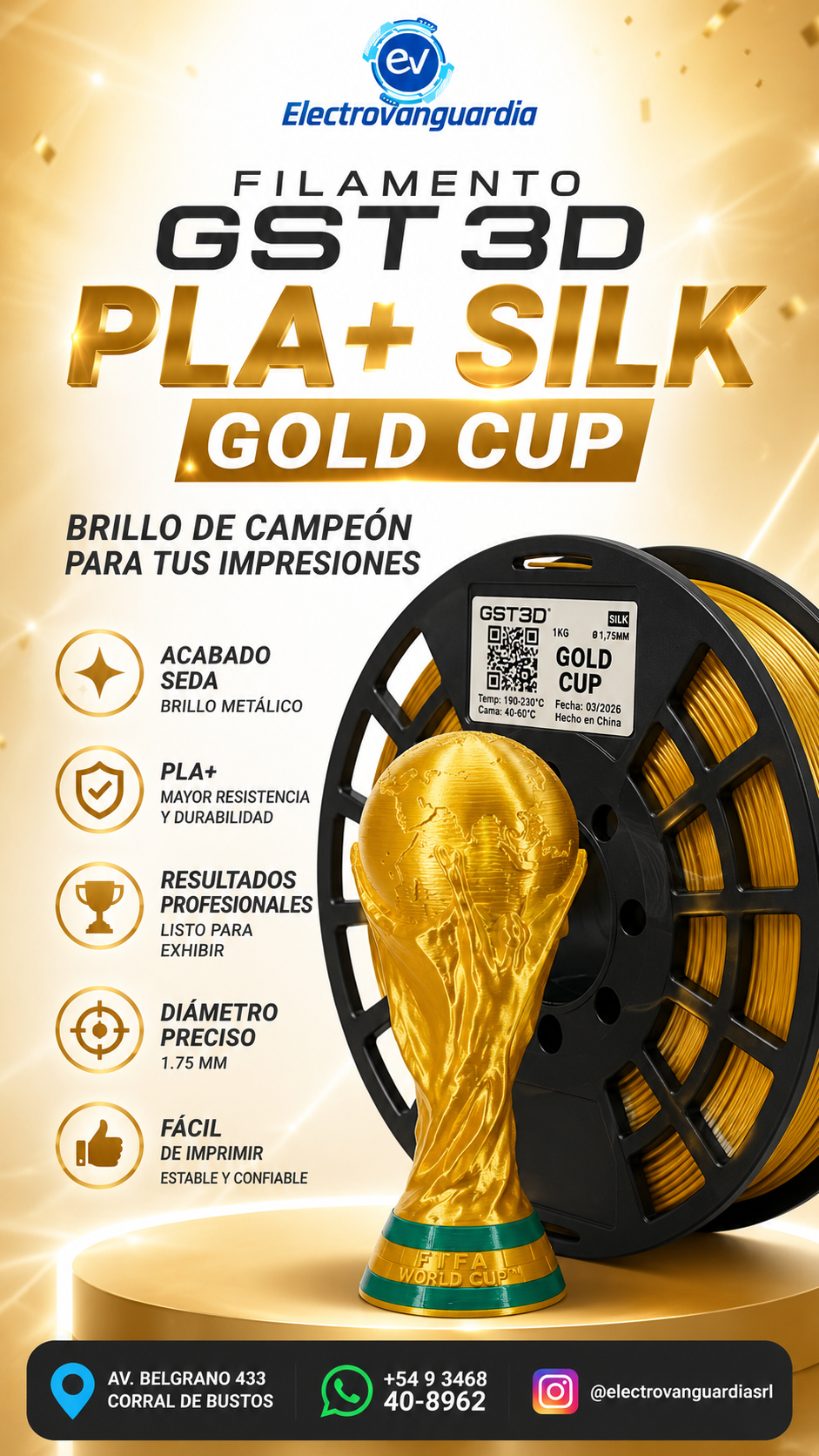 Filamento Silk PLA+ GST3D Gold Cup 1kg – 1.75mm | Oro / Dorado Copa Mundial - Image 2